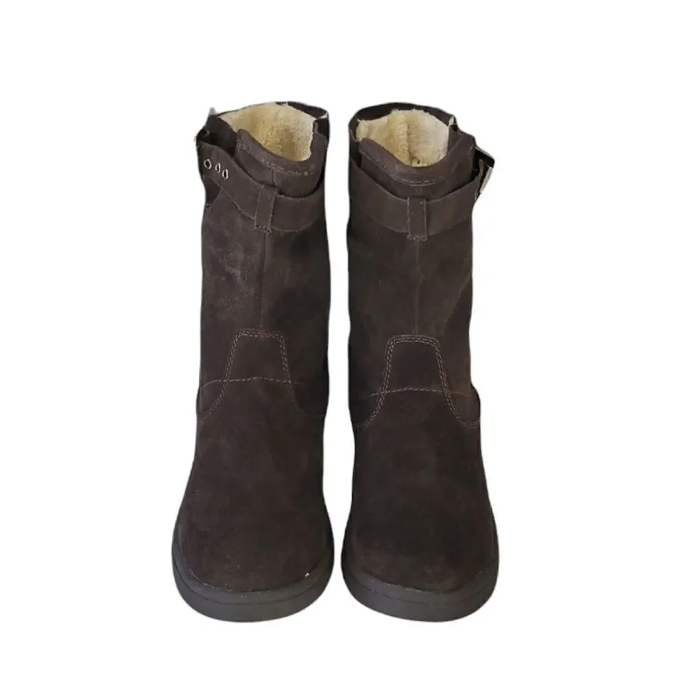 Marc Fisher Brown Mfearra Leather Suade Faux Fur Lined Pull On Boot